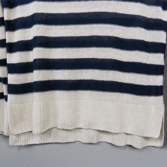 Joie Linen Pullover Fisherman Sweater Size L Navy Blue Ivory Striped Knit - Picture 3 of 10